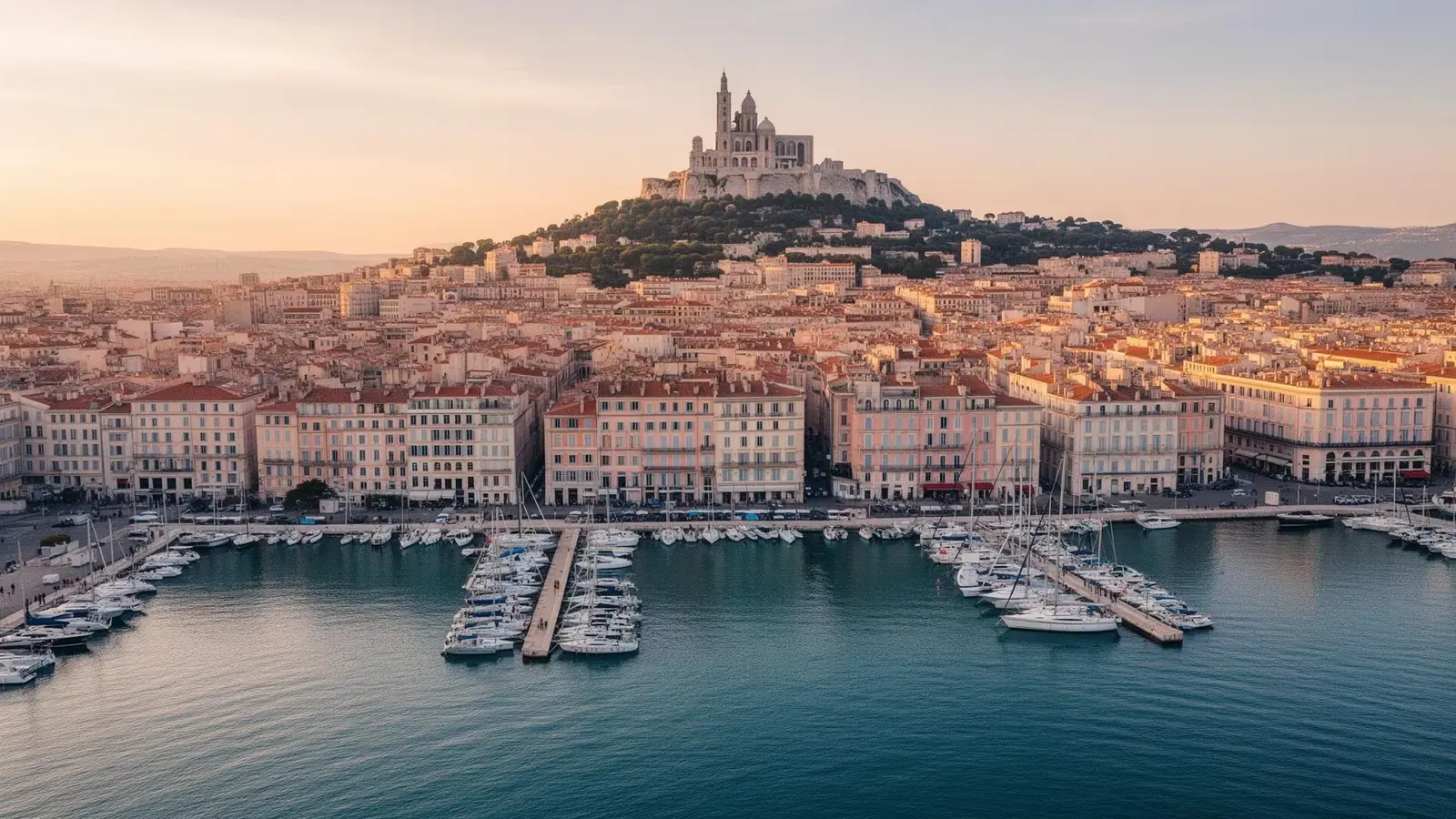 Vue aérienne du Vieux-Port de Marseille au lever du soleil